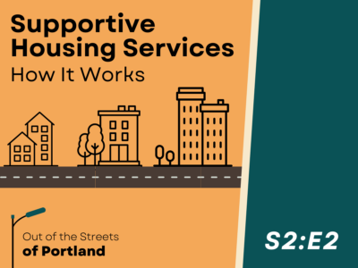 Orange background on left and green background on right separated by a beige trim divider. Graphic of three buildings next to a street. Text: Supportive Housing Services, How it Works. Season 2: Episode 2.