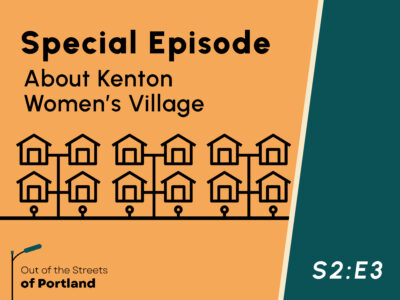 Orange background on left and green background on right separated by a beige trim divider. Graphic of three sets of four houses next to each other. Text: Special Episode, About Kenton Women's Village. Season 2: Episode 3.